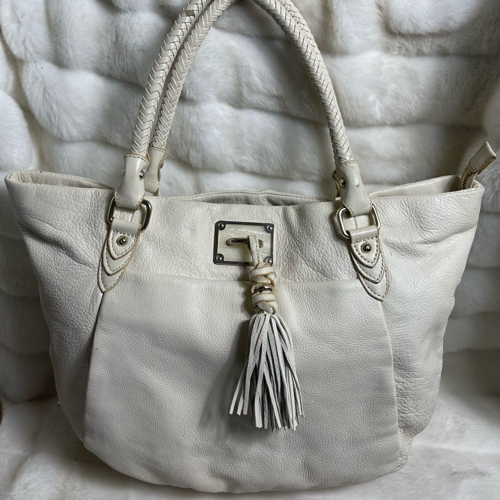 Elliott Lucca leather cream Satchel with gold tone hardwares ,braided st…